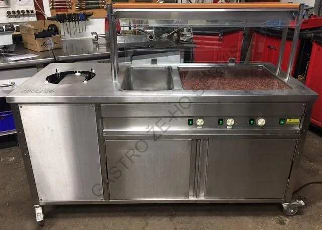 Výdejní stůl - nerez,vana GN 1/1,ohřevná deska,dech. clona,ohřívač talířů,infra,pojízdný  